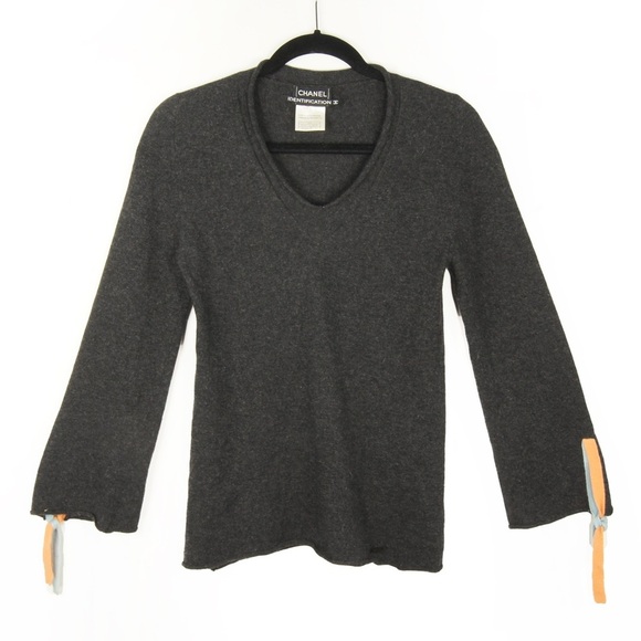 Vintage Chanel Identification Line Dark Grey Cashmere V Neck Pullover Sweater - Picture 1 of 8